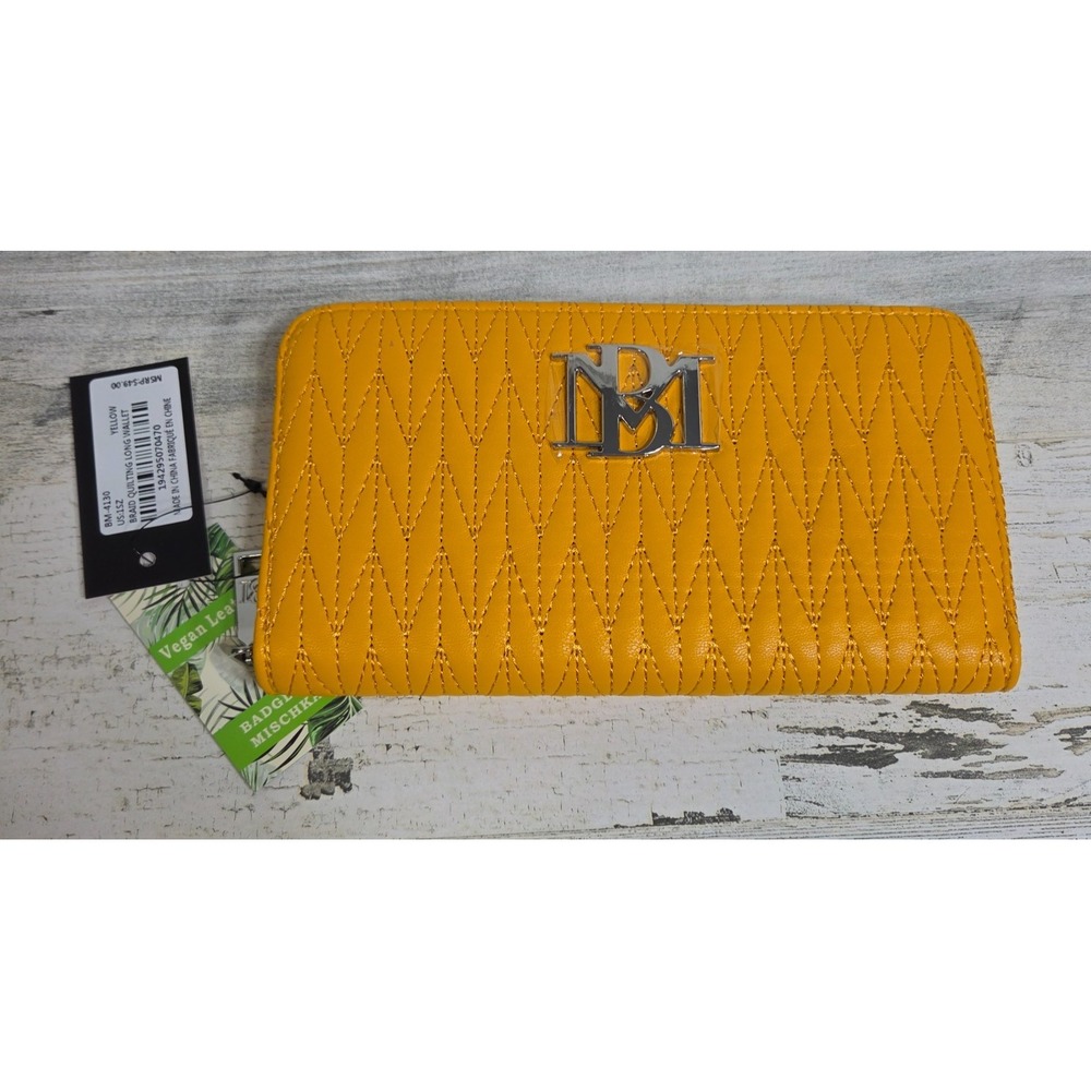 Badgley Mischka Yellow Quilted Vegan Leather Zip Around Long Wallet Clutch NWT